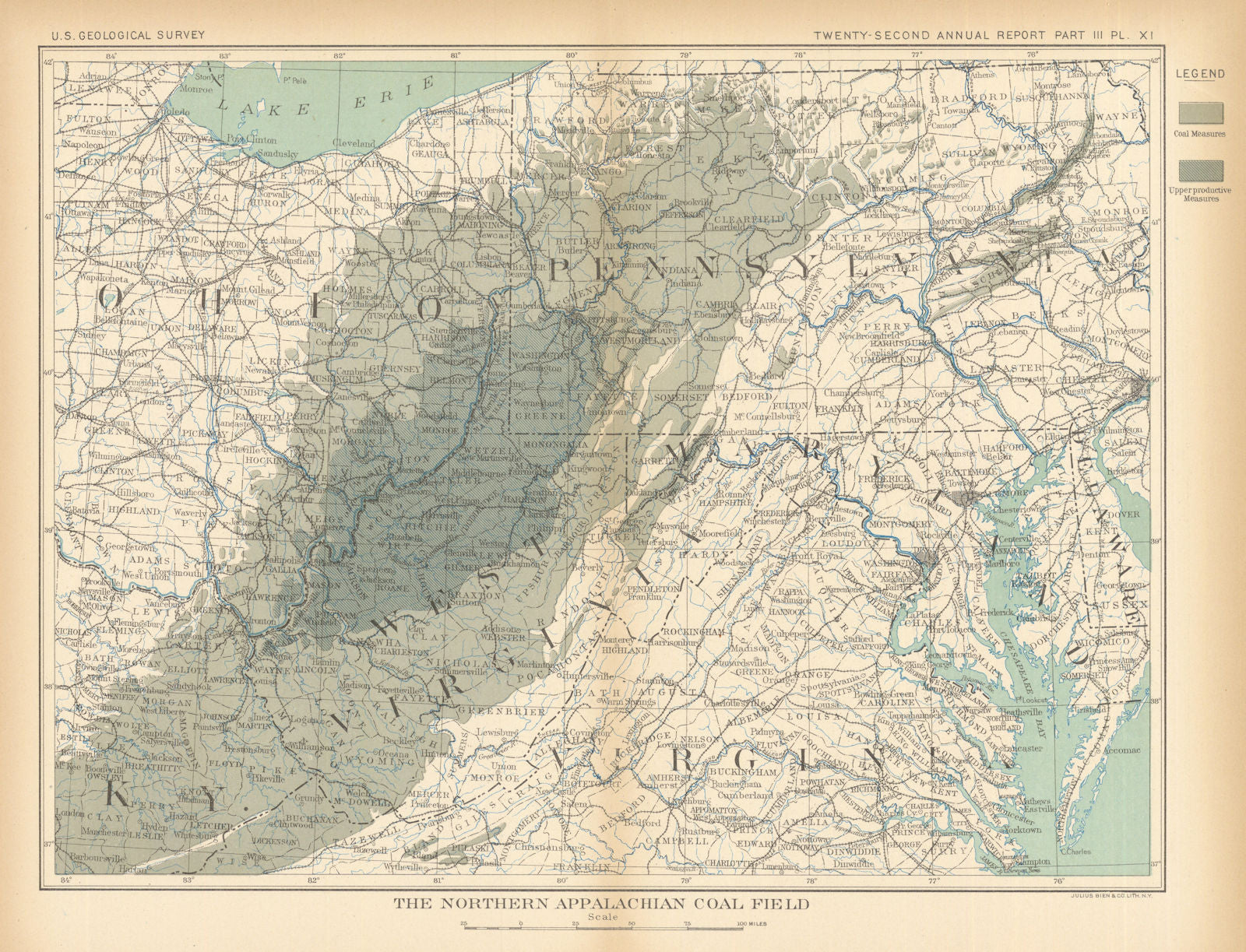 The Northern Appalachian coal field. US Geological Survey 1902 old antique map